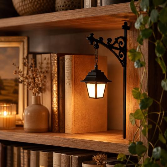 Farol de Librería LED encendido en una estantería acogedora