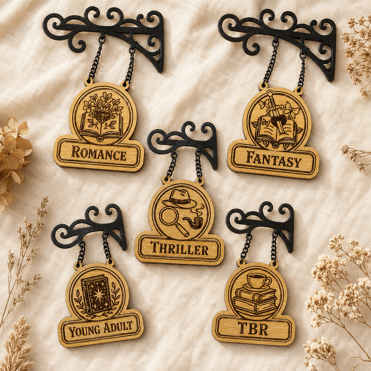 Set de separadores de género de madera en estantería