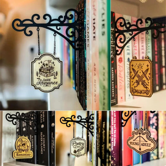 Wooden bookshelf genre divider signs set